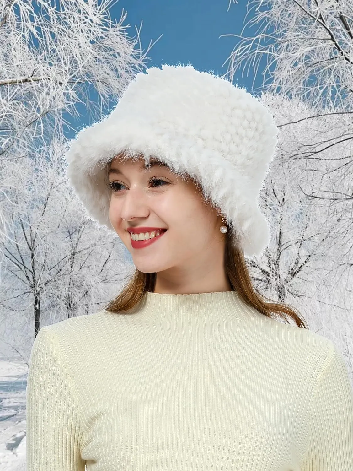 Furry Faux Fur Bucket Hat for Women Warm Winter Plush Fully Fisherman Cap