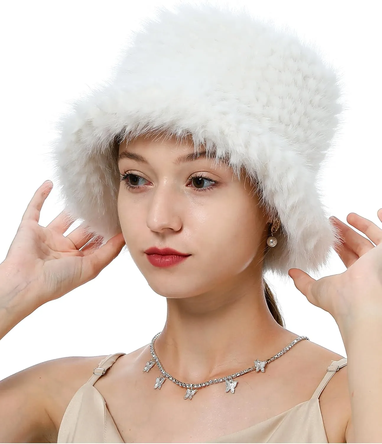 Furry Faux Fur Bucket Hat for Women Warm Winter Plush Fully Fisherman Cap
