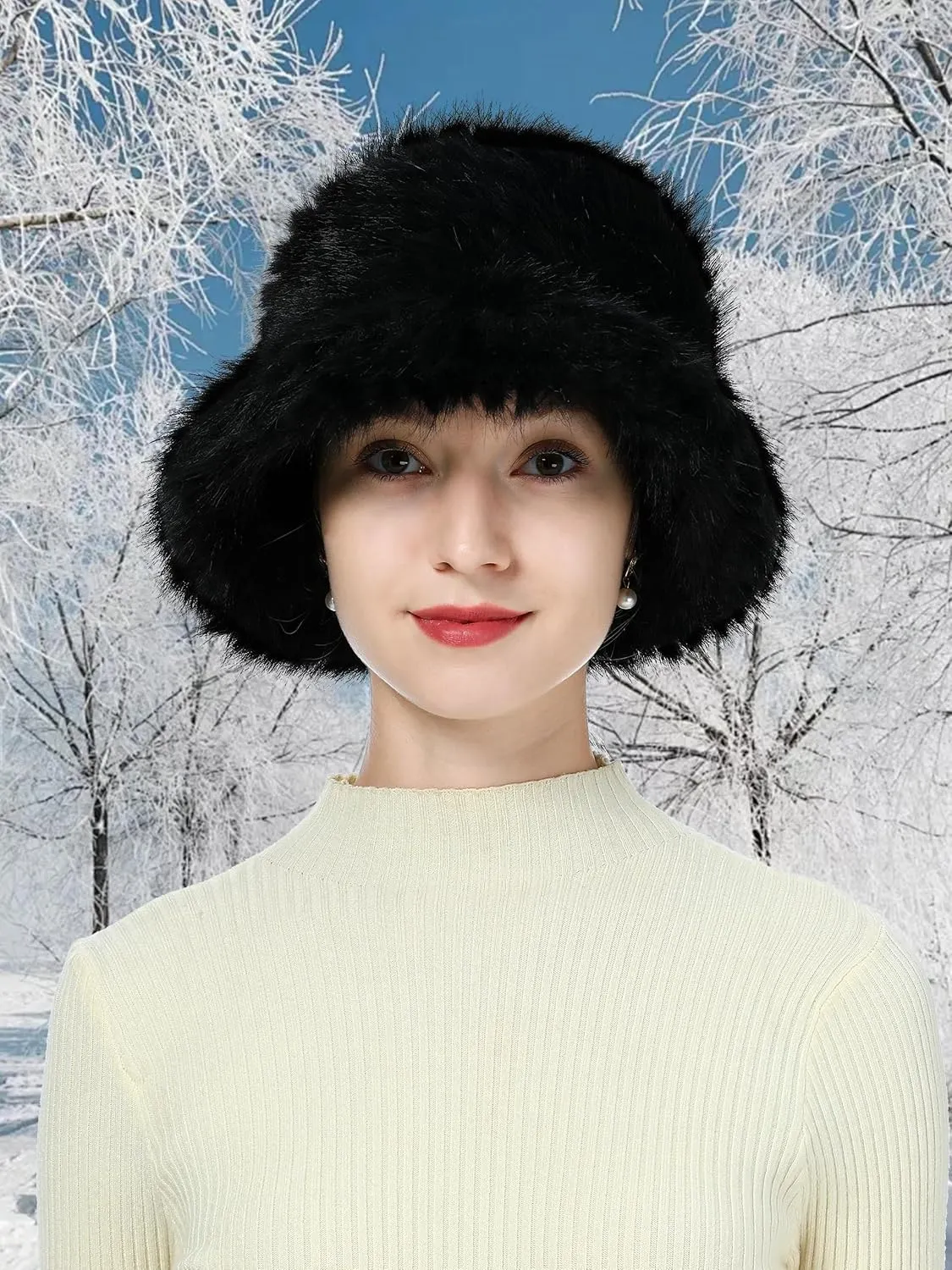 Furry Faux Fur Bucket Hat for Women Warm Winter Plush Fully Fisherman Cap