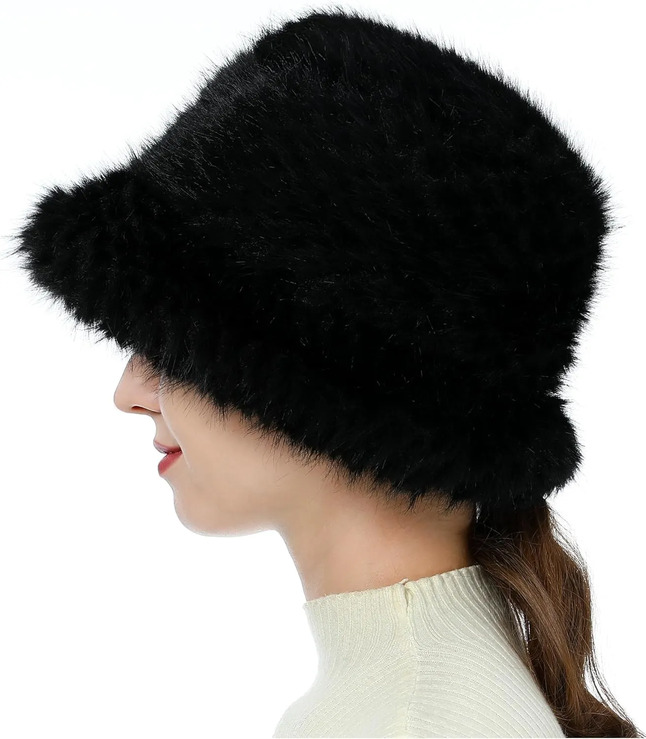 Furry Faux Fur Bucket Hat for Women Warm Winter Plush Fully Fisherman Cap