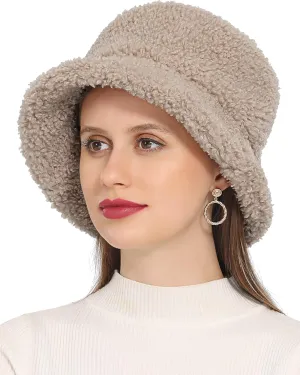 Furry Faux Fur Bucket Hat for Women Warm Winter Plush Fully Fisherman Cap