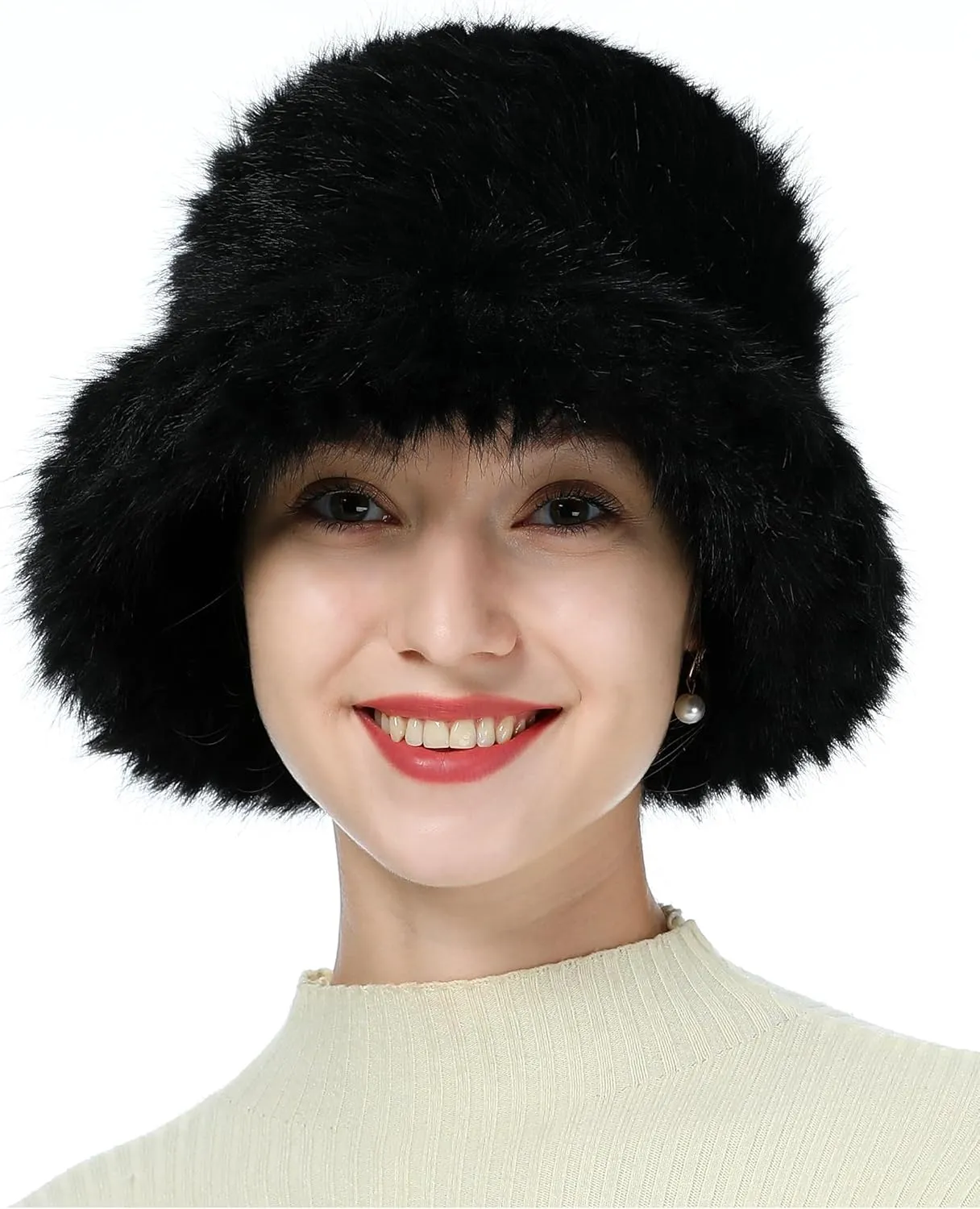 Furry Faux Fur Bucket Hat for Women Warm Winter Plush Fully Fisherman Cap
