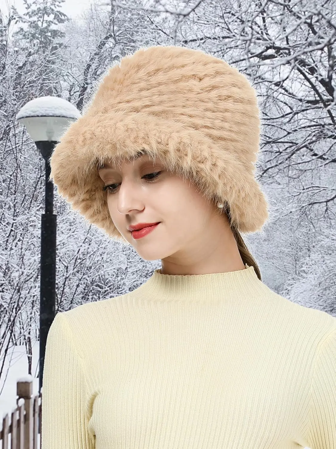 Furry Faux Fur Bucket Hat for Women Warm Winter Plush Fully Fisherman Cap