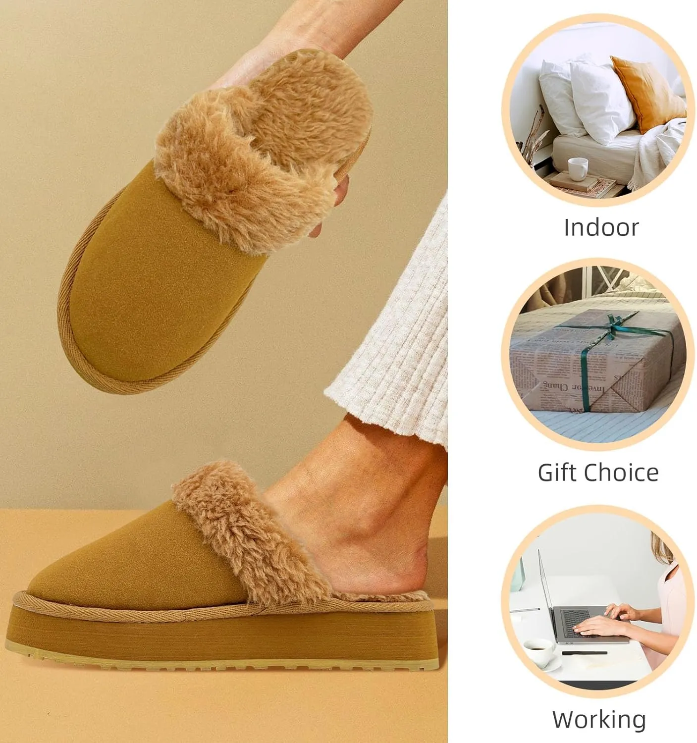 Fuzzy House Slippers for Women Indoor Outdoor Mens Ladies Platform Memory Foam Comfy House Shoes Fluffy Warm Cozy Bedroom Clogs