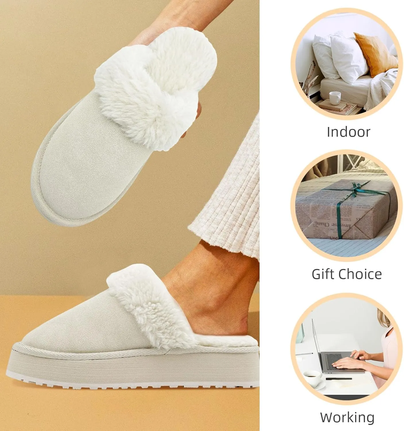 Fuzzy House Slippers for Women Indoor Outdoor Mens Ladies Platform Memory Foam Comfy House Shoes Fluffy Warm Cozy Bedroom Clogs