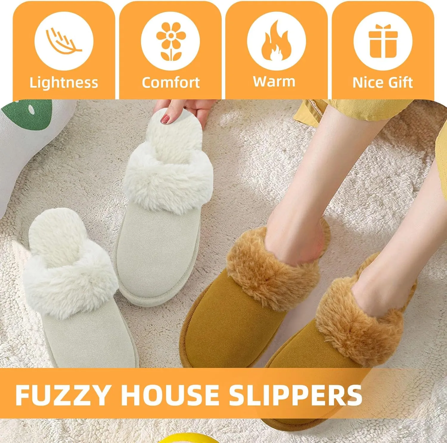 Fuzzy House Slippers for Women Indoor Outdoor Mens Ladies Platform Memory Foam Comfy House Shoes Fluffy Warm Cozy Bedroom Clogs