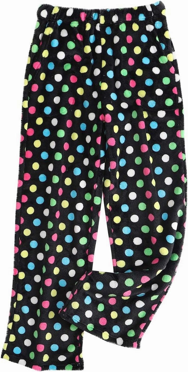 Fuzzy Flannel Pajama Pants for Women Comfy Soft Fluffy Plush Polka Dot Pj Pants High Waisted Wide Leg Lounge Pants