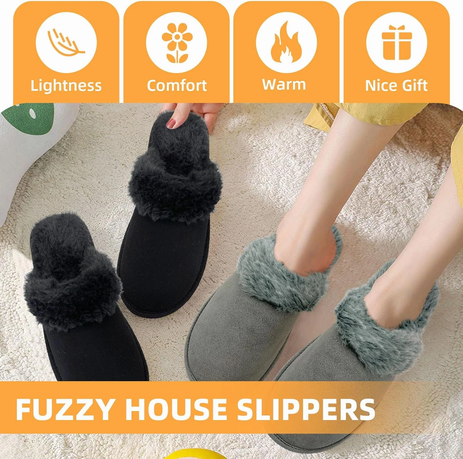Fuzzy House Slippers for Women Indoor Outdoor Mens Ladies Platform Memory Foam Comfy House Shoes Fluffy Warm Cozy Bedroom Clogs