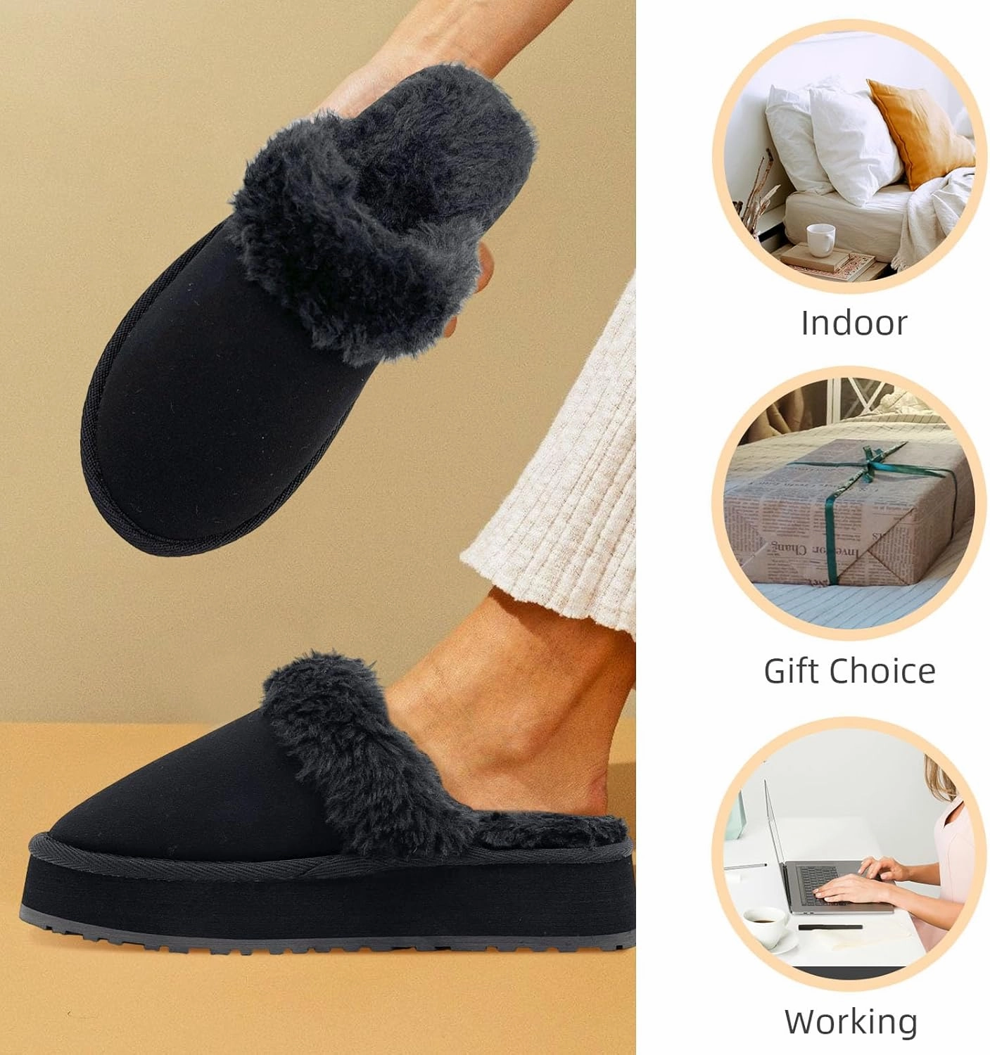 Fuzzy House Slippers for Women Indoor Outdoor Mens Ladies Platform Memory Foam Comfy House Shoes Fluffy Warm Cozy Bedroom Clogs