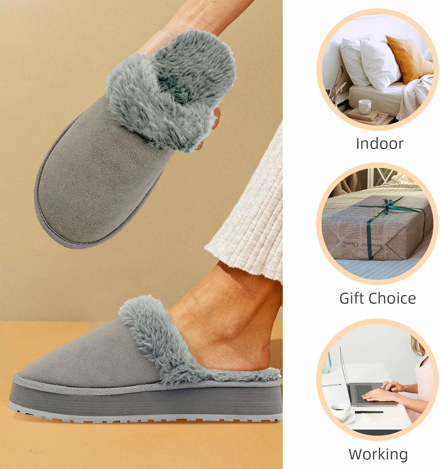 Fuzzy House Slippers for Women Indoor Outdoor Mens Ladies Platform Memory Foam Comfy House Shoes Fluffy Warm Cozy Bedroom Clogs