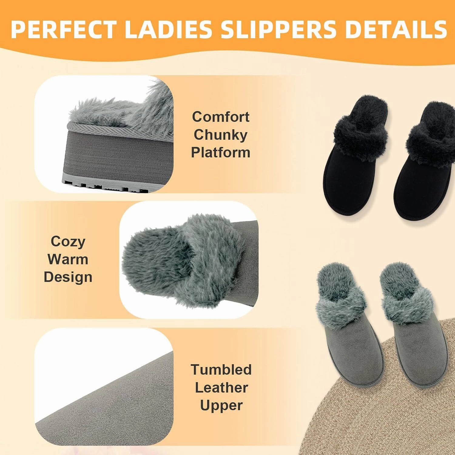 Fuzzy House Slippers for Women Indoor Outdoor Mens Ladies Platform Memory Foam Comfy House Shoes Fluffy Warm Cozy Bedroom Clogs