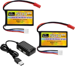 Fytoo 2PCS 7.4V 500mAh 30C Lipo Battery with JST-2P Plug with 2 in 1 Charger for RC Helicopter Quadcopter Small Airplane Micro FPV Racing Drone RC Car, Truck, High Speed Vehicle Battery