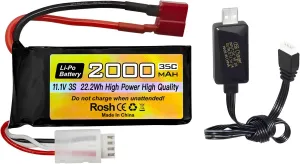 Fytoo 3S Lipo Battery 11.1V 2000mAh 35C with T-Plug with USB Charging Cable for RC Car Truck RC Boat RC Drone Quadcopter Helicopter FPV Drone Battery