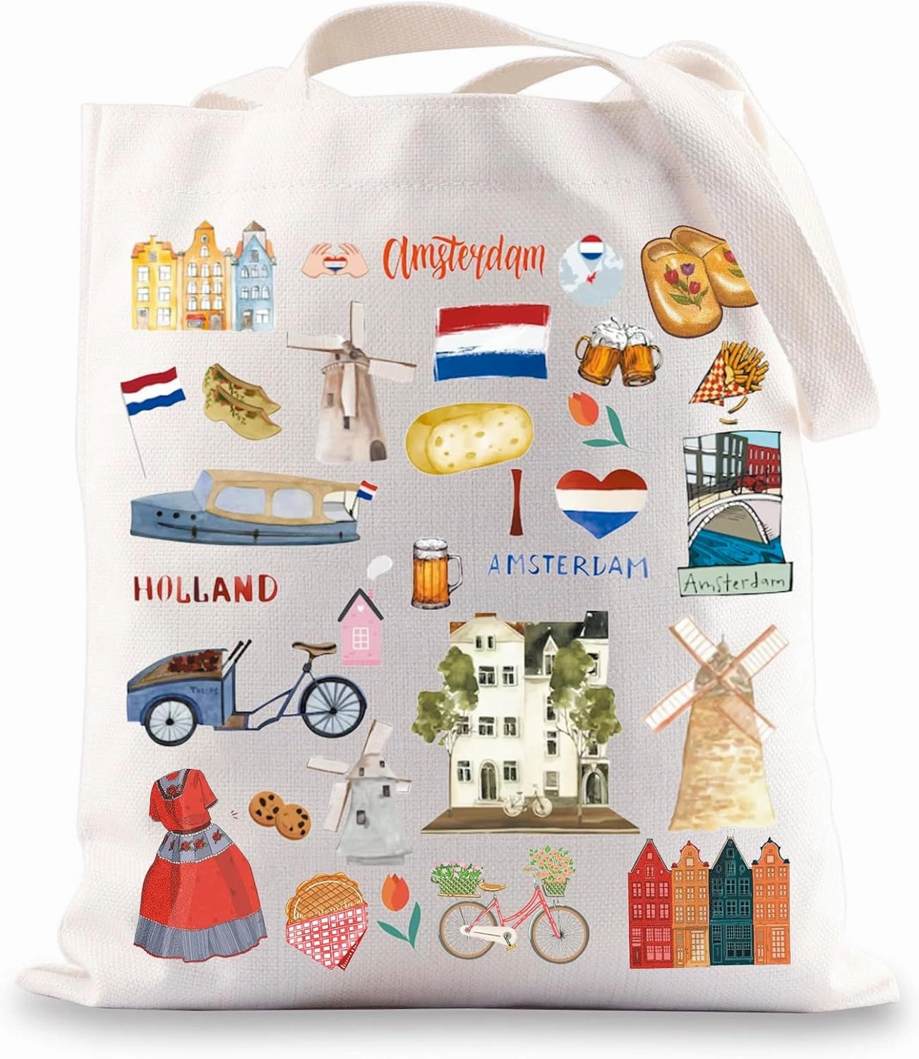 G2TUP Netherlands Travel Amsterdam Grocery Bag Holland Dutch World Travel Themed Gift Dutch Windmill Tulips Shopping Bag