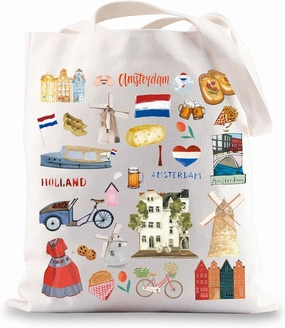 G2TUP Netherlands Travel Amsterdam Grocery Bag Holland Dutch World Travel Themed Gift Dutch Windmill Tulips Shopping Bag
