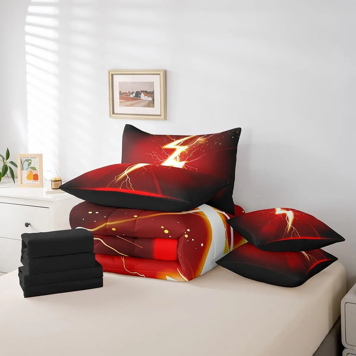 Gaming Flash Queen Bedding Set 7 Pieces,3D Lightning Golden Glowing Glitter Comforter Set with Sheets for Kids,Video Game Flash Modern Fashion Red Black Bed Set in a Bag with Pillow Covers