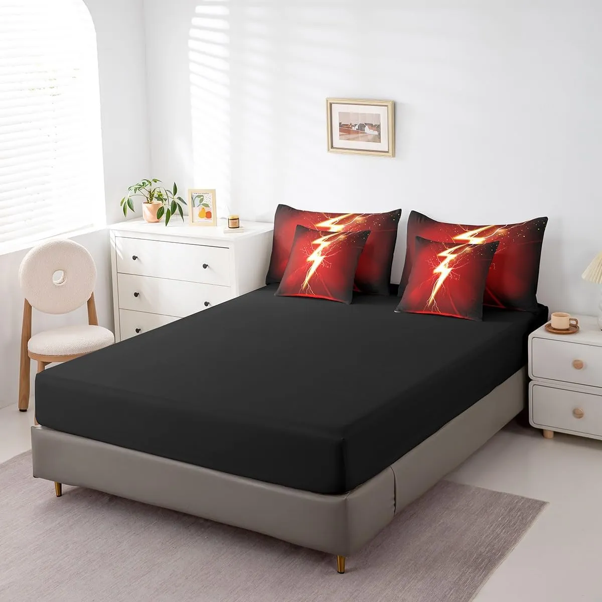 Gaming Flash Queen Bedding Set 7 Pieces,3D Lightning Golden Glowing Glitter Comforter Set with Sheets for Kids,Video Game Flash Modern Fashion Red Black Bed Set in a Bag with Pillow Covers