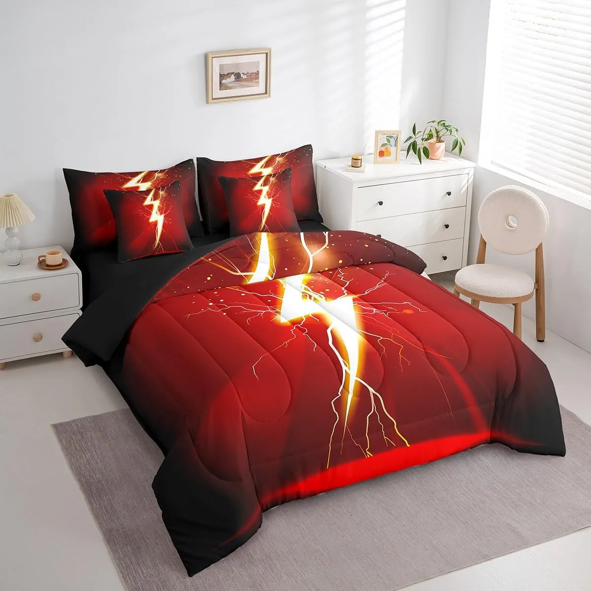 Gaming Flash Queen Bedding Set 7 Pieces,3D Lightning Golden Glowing Glitter Comforter Set with Sheets for Kids,Video Game Flash Modern Fashion Red Black Bed Set in a Bag with Pillow Covers