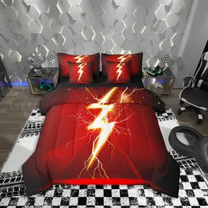 Gaming Flash Queen Bedding Set 7 Pieces,3D Lightning Golden Glowing Glitter Comforter Set with Sheets for Kids,Video Game Flash Modern Fashion Red Black Bed Set in a Bag with Pillow Covers