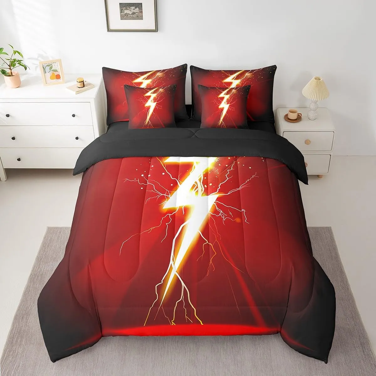 Gaming Flash Queen Bedding Set 7 Pieces,3D Lightning Golden Glowing Glitter Comforter Set with Sheets for Kids,Video Game Flash Modern Fashion Red Black Bed Set in a Bag with Pillow Covers
