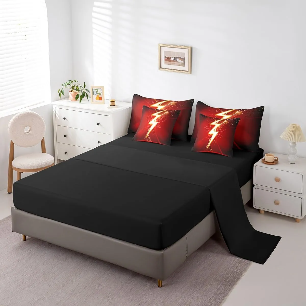 Gaming Flash Queen Bedding Set 7 Pieces,3D Lightning Golden Glowing Glitter Comforter Set with Sheets for Kids,Video Game Flash Modern Fashion Red Black Bed Set in a Bag with Pillow Covers