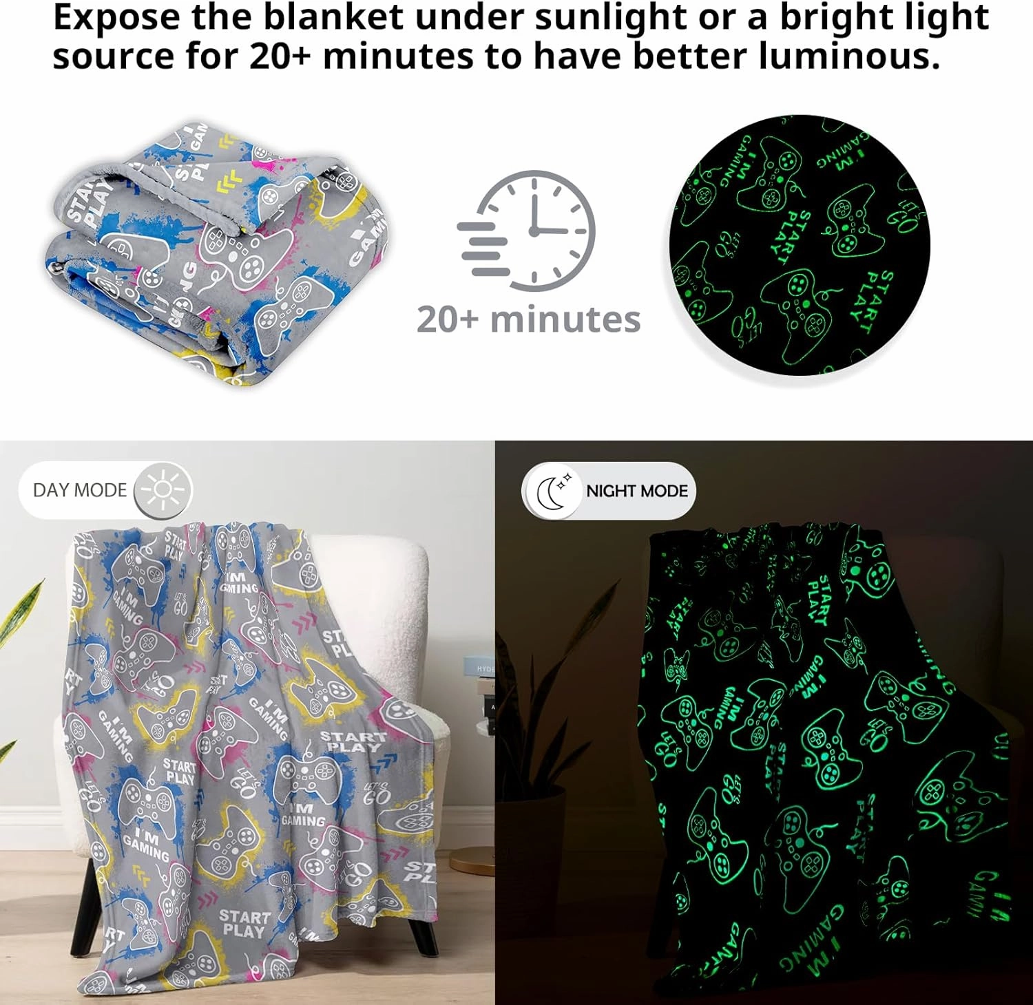 Gaming Gamer Glow in The Dark Blanket Boys Kids Teens Gifts for Birthday Christmas Valentine's Easter Age 1 2 3 4 5 6 7 8 9 10 11 12 13 Toddlers Video Game Gift Toys Fun Fluffy Plush Throw 50"x60"
