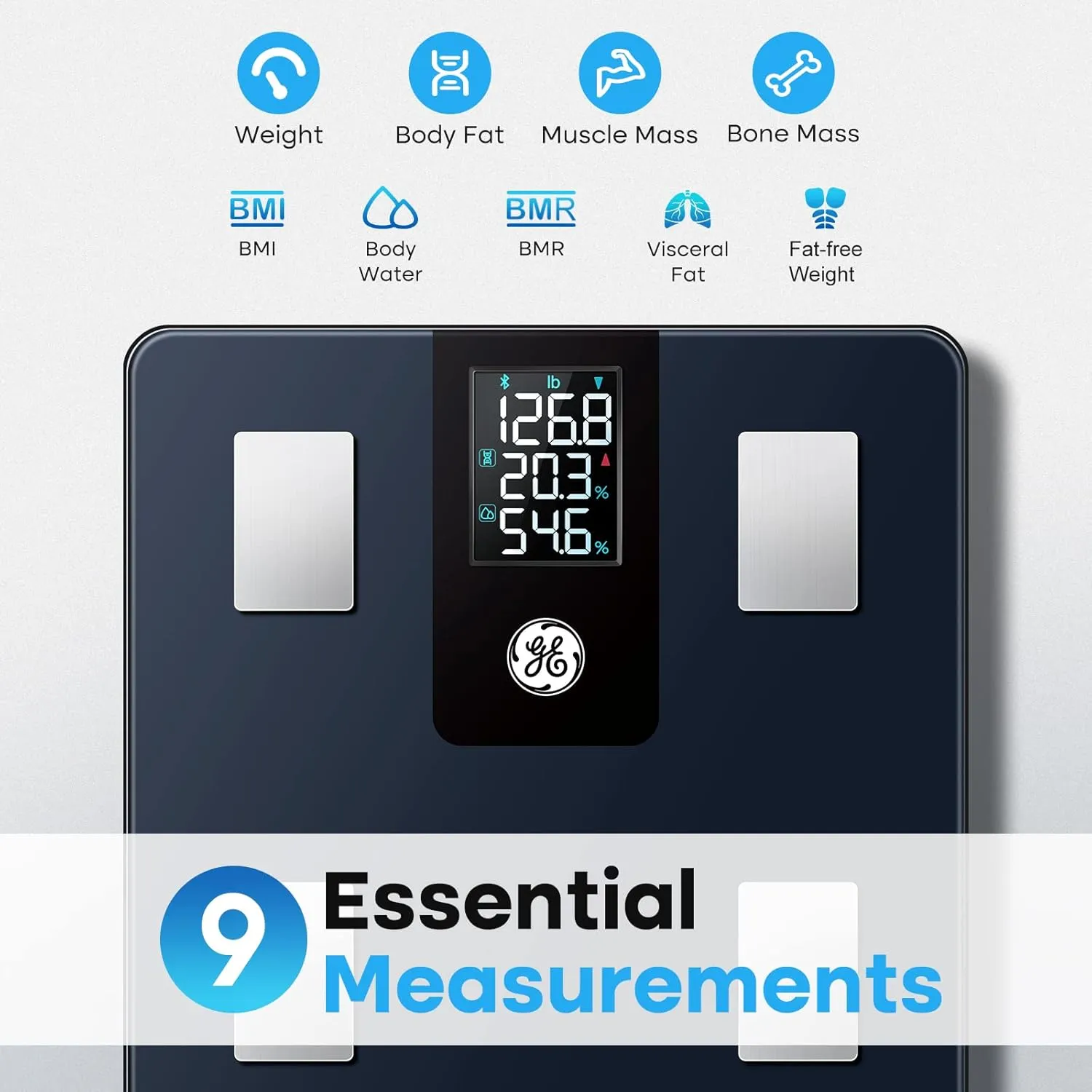 GE Smart Scale for Body Weight and Fat Percentage with All-in-one LCD Display, Digital Bathroom Weight Scales Bluetooth Body Composition Analyzer with App, Accurate Weighing, 400 lbs / 180 kg