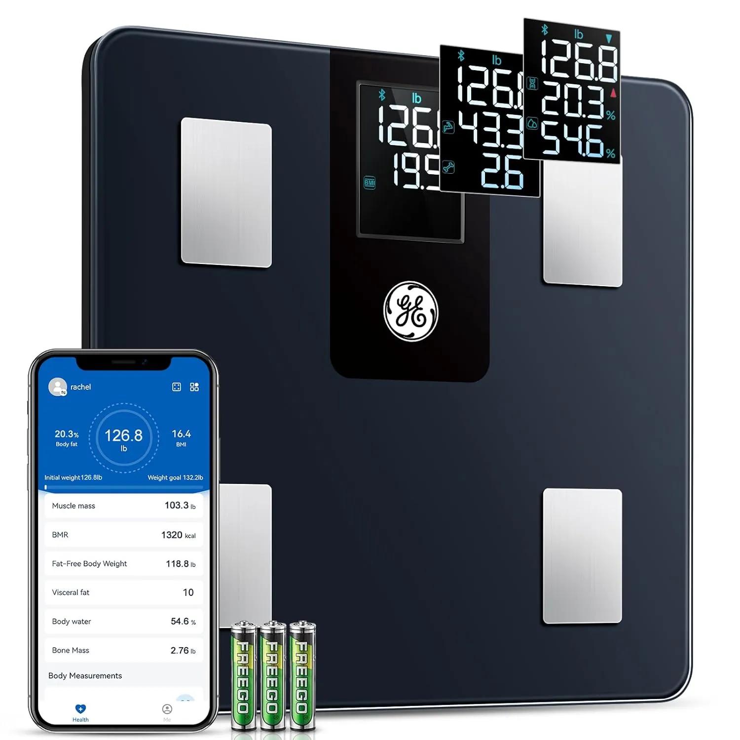 GE Smart Scale for Body Weight and Fat Percentage with All-in-one LCD Display, Digital Bathroom Weight Scales Bluetooth Body Composition Analyzer with App, Accurate Weighing, 400 lbs / 180 kg