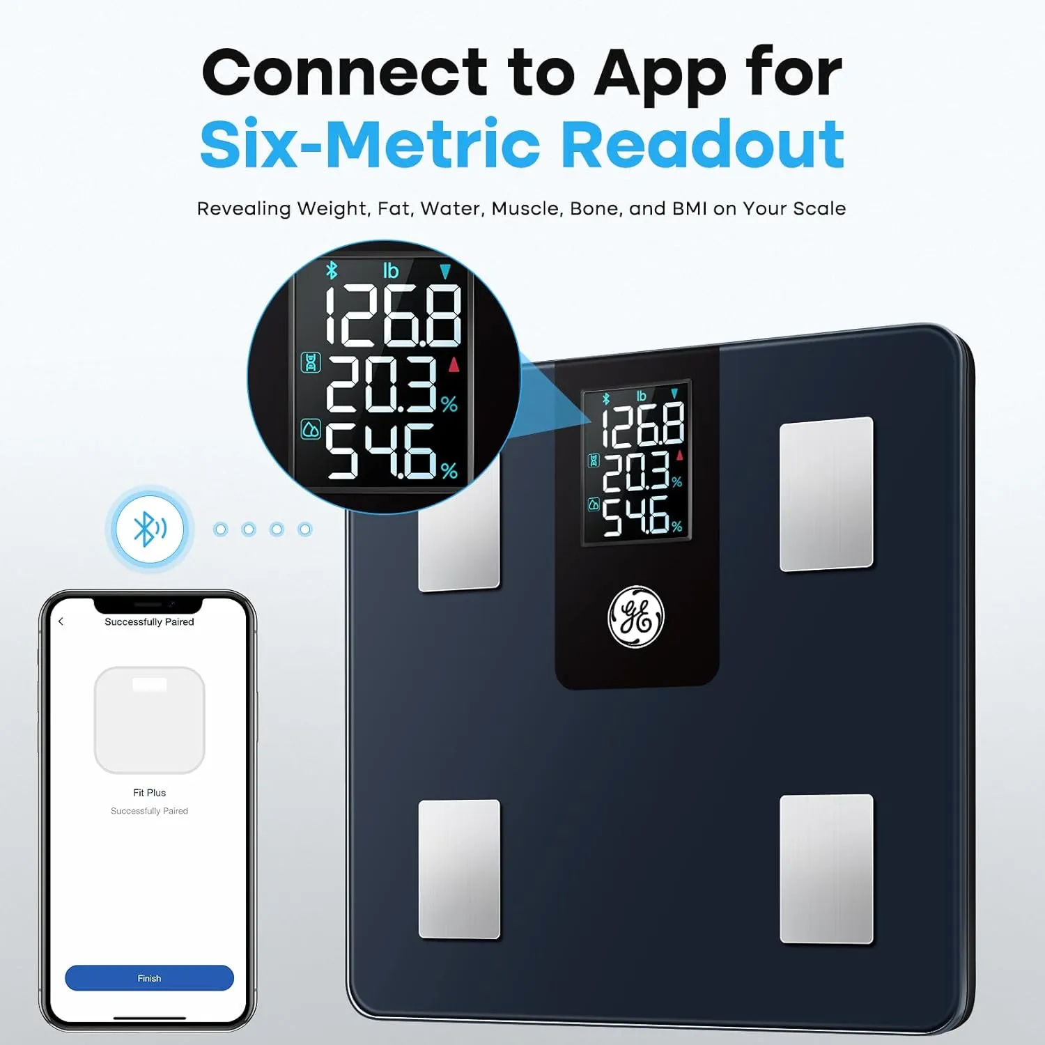 GE Smart Scale for Body Weight and Fat Percentage with All-in-one LCD Display, Digital Bathroom Weight Scales Bluetooth Body Composition Analyzer with App, Accurate Weighing, 400 lbs / 180 kg