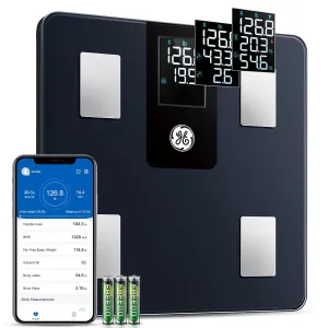 GE Smart Scale for Body Weight and Fat Percentage with All-in-one LCD Display, Digital Bathroom Weight Scales Bluetooth Body Composition Analyzer with App, Accurate Weighing, 400 lbs / 180 kg