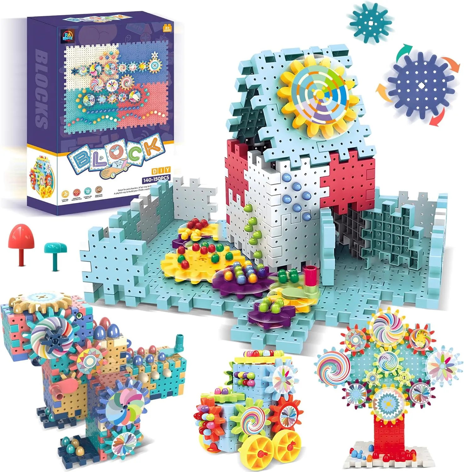 Gear Toys Interlocking Building Blocks, 150 Piece Educational Engineering Building Toys Set, Creative Construction STEM Kits for Boys Girls, Waffle Blocks for Kids Ages 3 