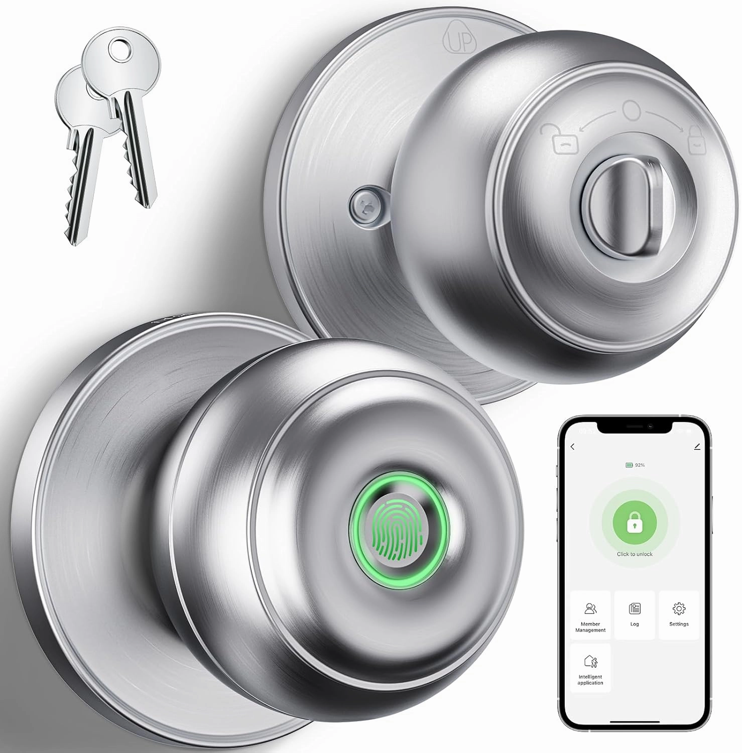 GeekTale Fingerprint Door Lock, Smart Lock Door Knob with App, Biometric Door Lock, Thumbprint Door Knob, Smart Fingerprint Door Knob for Bedroom, Office, Apartment