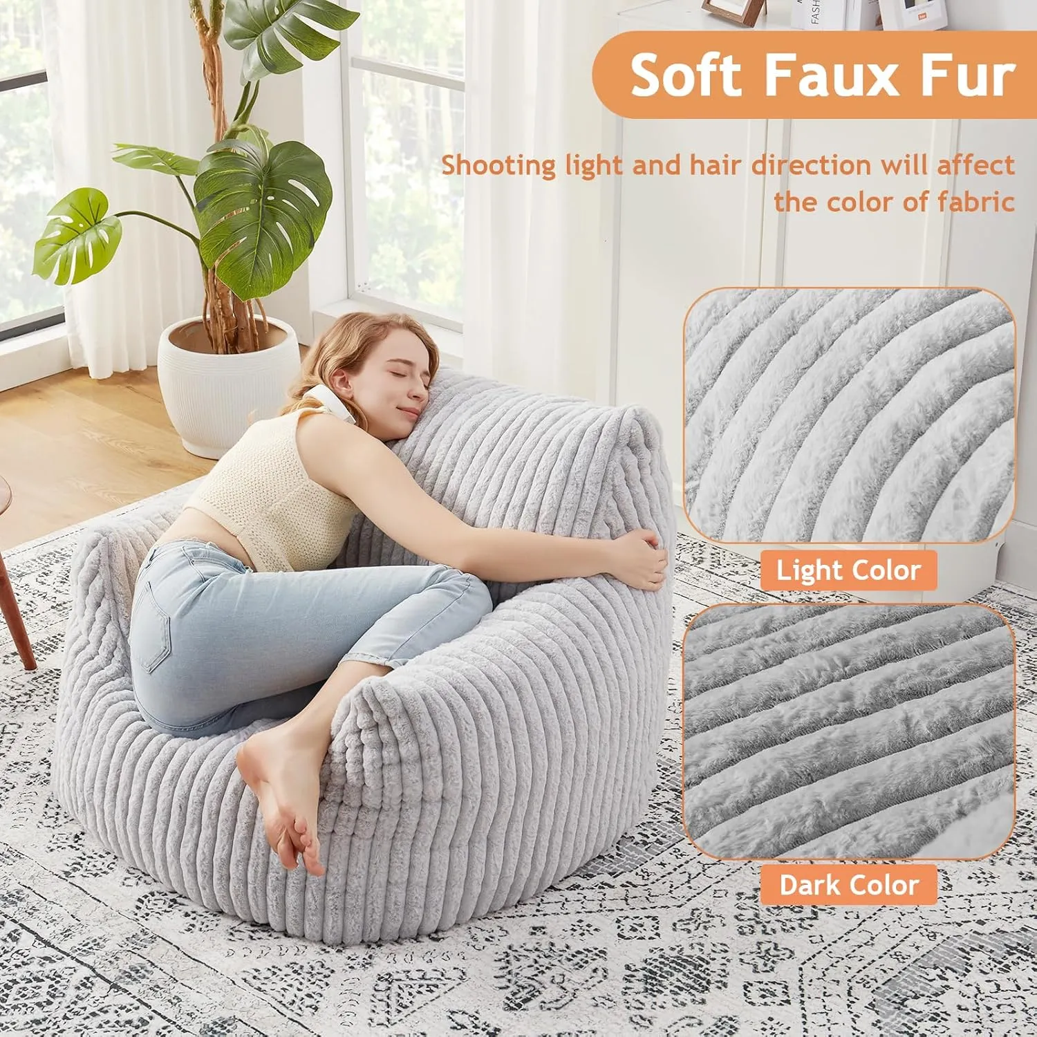 Giant Bean Bag Chairs for Adults with Filling Plush Fluffy Bean Bag Chairs for Teens with Armrests Comfy BeanBag Lazy Couch Sofa Chair for Bedroom Living Room Reading