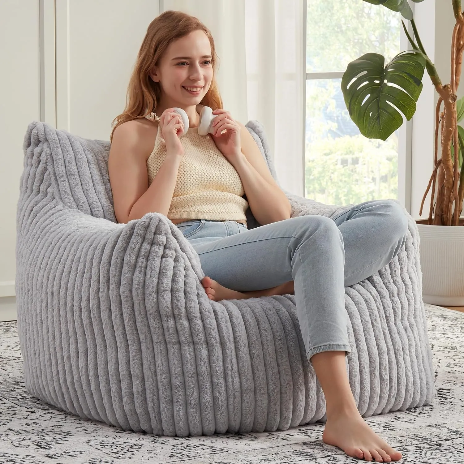 Giant Bean Bag Chairs for Adults with Filling Plush Fluffy Bean Bag Chairs for Teens with Armrests Comfy BeanBag Lazy Couch Sofa Chair for Bedroom Living Room Reading