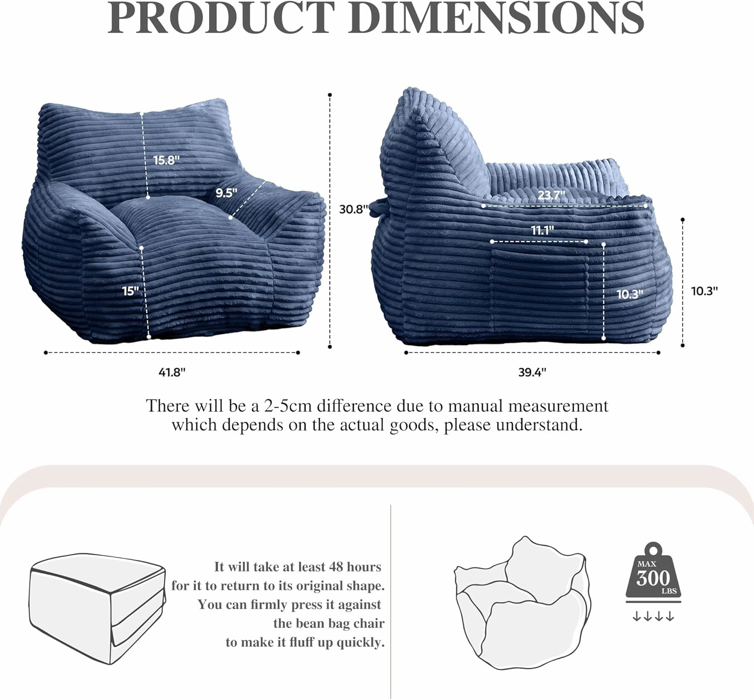 Giant Bean Bag Chair for Adults with Armrests, 4ft Plush Foam Filled Lounger, Durable Corduroy Cover, Cozy Fluffy Single Cloud Mini Couch for Living Room, Bedroom, Dorm&Game Room, Blue