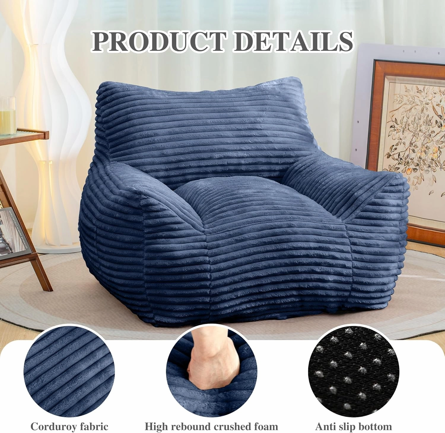 Giant Bean Bag Chair for Adults with Armrests, 4ft Plush Foam Filled Lounger, Durable Corduroy Cover, Cozy Fluffy Single Cloud Mini Couch for Living Room, Bedroom, Dorm&Game Room, Blue
