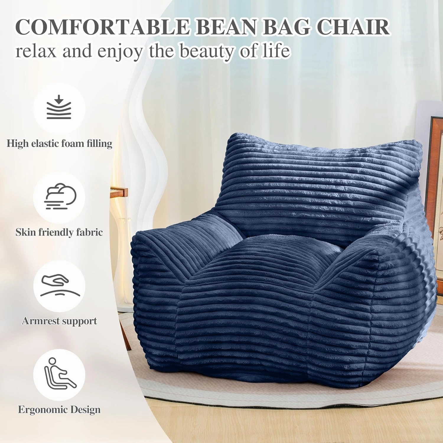 Giant Bean Bag Chair for Adults with Armrests, 4ft Plush Foam Filled Lounger, Durable Corduroy Cover, Cozy Fluffy Single Cloud Mini Couch for Living Room, Bedroom, Dorm&Game Room, Blue
