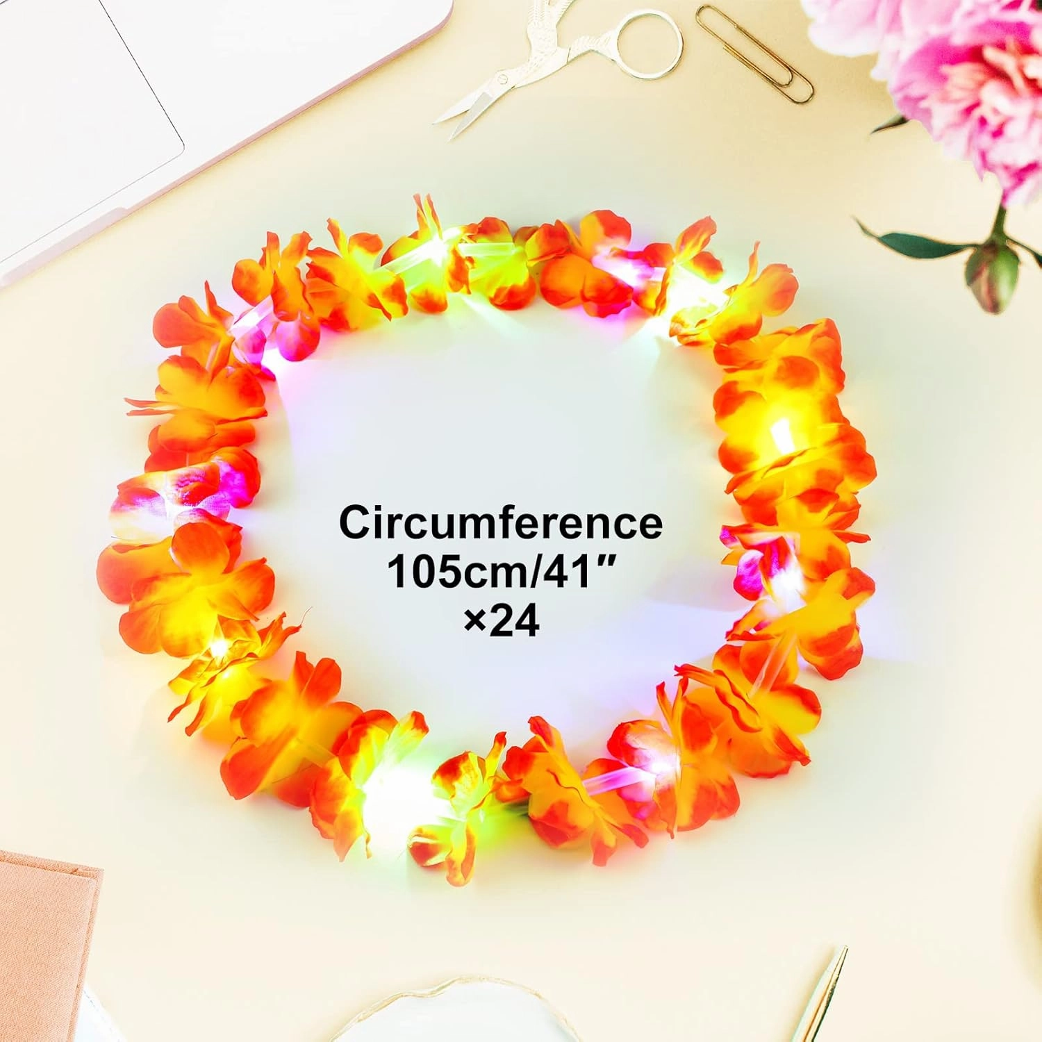 Giegxin LED Hawaiian Light up Flower Lei Tropical Glow Necklaces Artificial Rainbow Lei for Adult Hawaii Luau Themed Party Carnival Beach Wedding Masquerade(Multicolor,24 Pcs)
