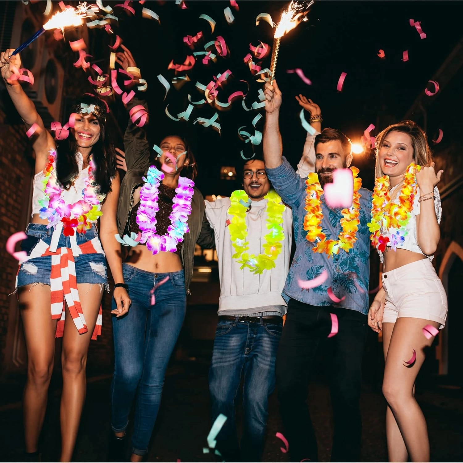 Giegxin LED Hawaiian Light up Flower Lei Tropical Glow Necklaces Artificial Rainbow Lei for Adult Hawaii Luau Themed Party Carnival Beach Wedding Masquerade(Multicolor,24 Pcs)