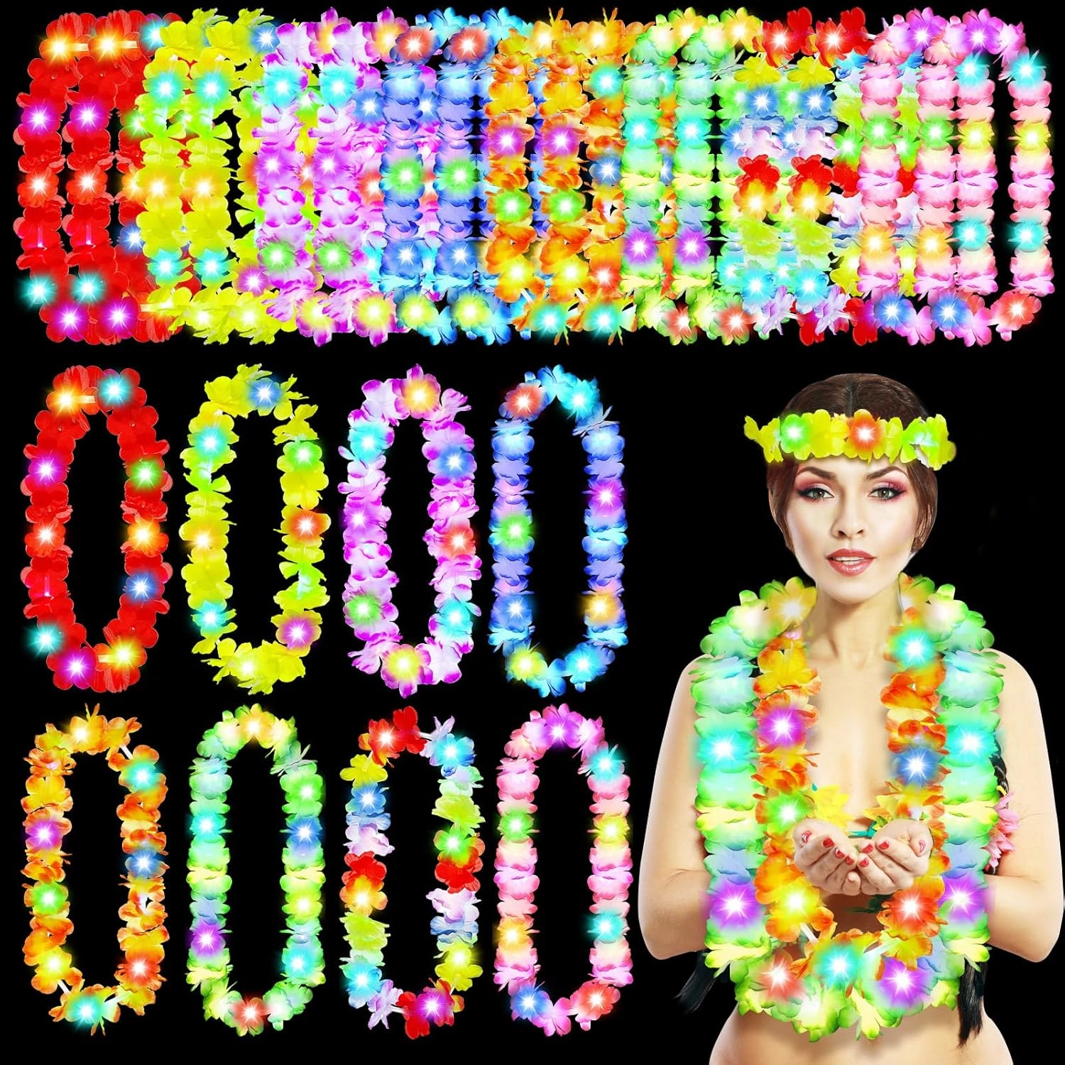 Giegxin LED Hawaiian Light up Flower Lei Tropical Glow Necklaces Artificial Rainbow Lei for Adult Hawaii Luau Themed Party Carnival Beach Wedding Masquerade(Multicolor,24 Pcs)