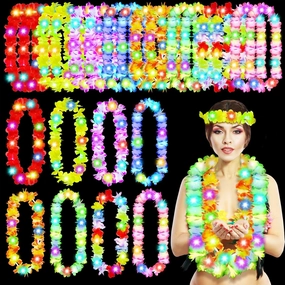 Giegxin LED Hawaiian Light up Flower Lei Tropical Glow Necklaces Artificial Rainbow Lei for Adult Hawaii Luau Themed Party Carnival Beach Wedding Masquerade(Multicolor,24 Pcs)