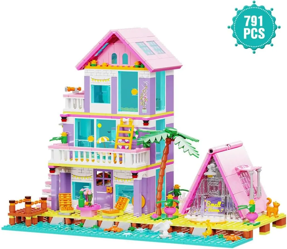 Girl Beach House Building Blocks Toys for Girls Age 8 , Seaside Villa Friends Building Set with Light, 791pcs Mini Bricks