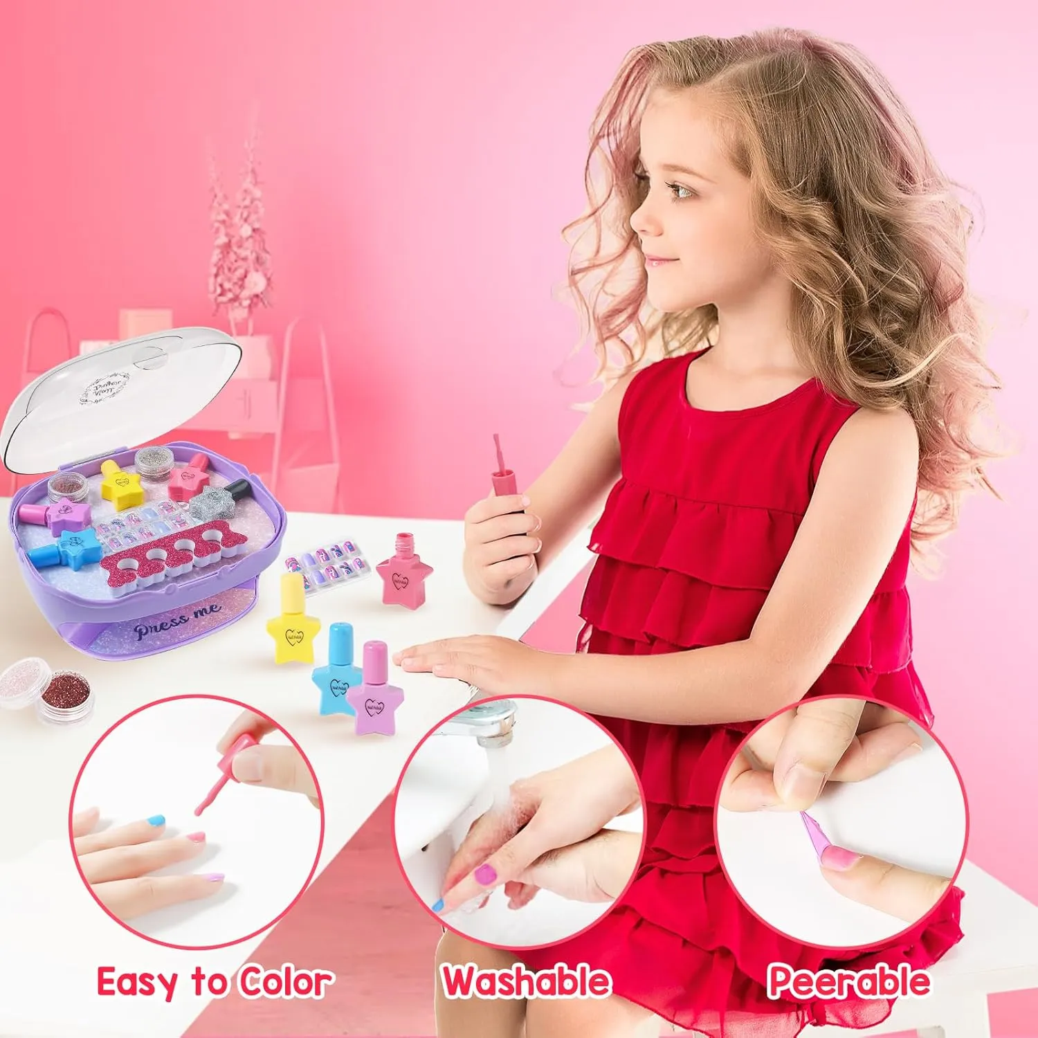 Girls Nail Polish Set Purple, Toys for Girls Age 5 6 7 8 9 10, Nail Care Kit with Nail Polish, Nail Dryer, Fake Nails, nail Glitter, Nail Filer and Toe Separator, Ideal Birthday Gifts for Girls 5-8