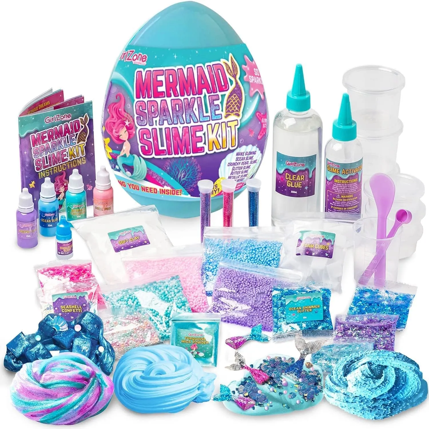 GirlZone Egg Surprise Mermaid Sparkle Slime Kit, 39 Pieces to Make Glow in The Dark Slimes with Glitter Slime Add Ins, for Girls 8-12, Ideal Easter Gifts for Kids