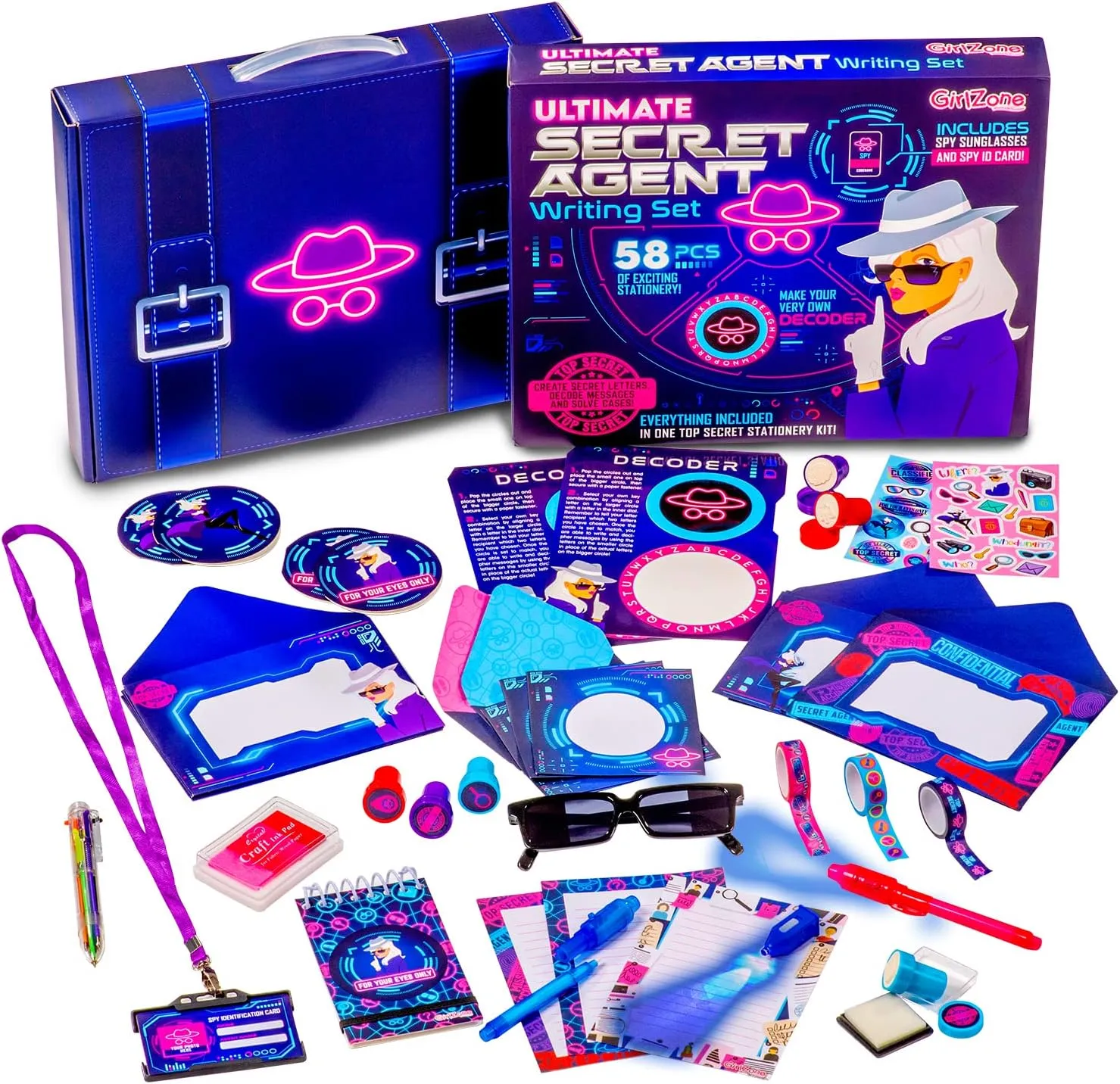 GirlZone Ultimate Secret Agent Writing Set, Exciting Spy Kit and Stationery for Girls with Spy Pen, Themed Stationery Paper and Fun Toys, Birthday, Easter Gifts for Kids