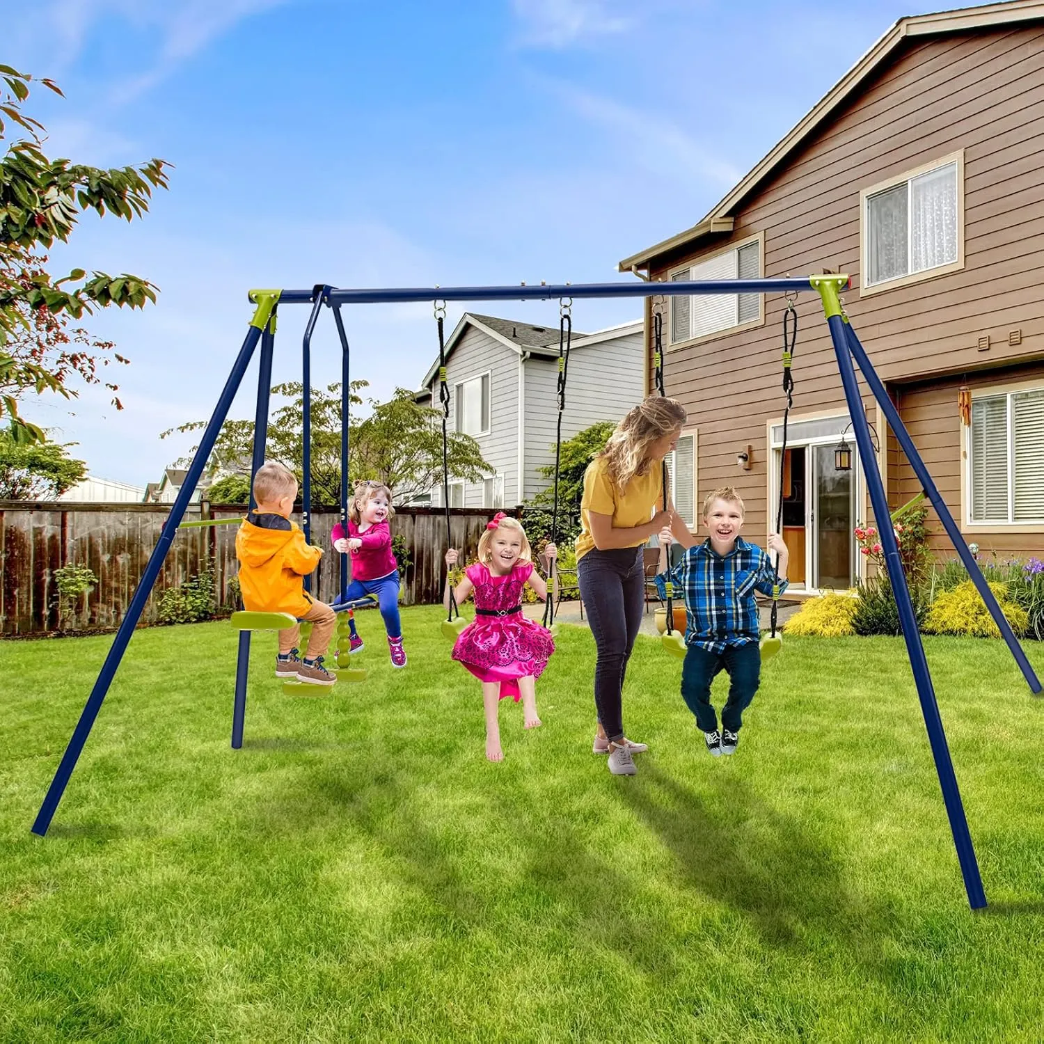 GLACER Metal A-Frame Swing Set, Heavy Duty Steel Playset for Kids w/ 2 Swings & 2-Person Glider, 440 LBS Swing Set for Kids Aged 3-10 Years Old, Multi-Purpose Play Set for Backyard, Garden, Park