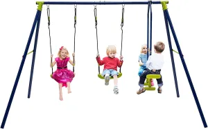GLACER Metal A-Frame Swing Set, Heavy Duty Steel Playset for Kids w/ 2 Swings & 2-Person Glider, 440 LBS Swing Set for Kids Aged 3-10 Years Old, Multi-Purpose Play Set for Backyard, Garden, Park