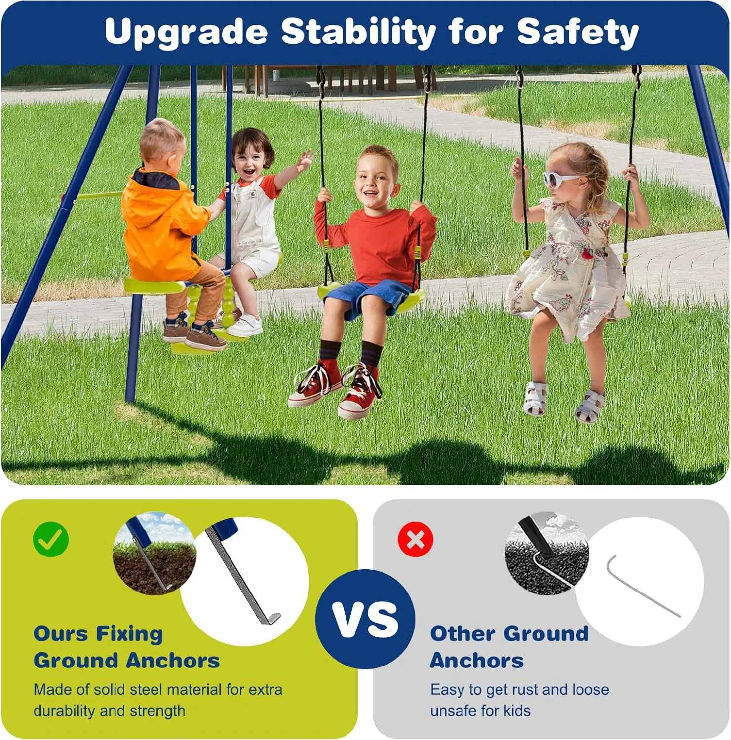 GLACER Metal A-Frame Swing Set, Heavy Duty Steel Playset for Kids w/ 2 Swings & 2-Person Glider, 440 LBS Swing Set for Kids Aged 3-10 Years Old, Multi-Purpose Play Set for Backyard, Garden, Park
