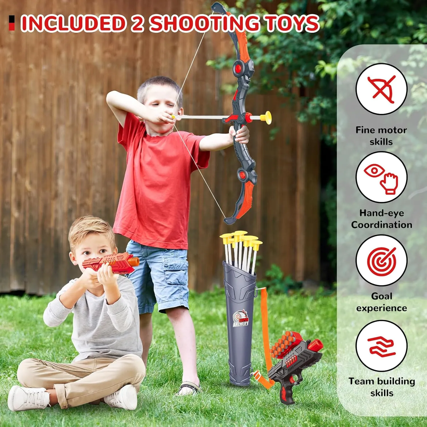 GMAOPHY Bow and Arrow for 5 6 7 8 9 10 11  Year Old Boys, Birthday Gift for Kids, Indoor Outdoor Activity Toys, 2 Pack LED Light Up Archery Toy with 20 Suction Cup Arrows, Standing Target, 2 Quiver