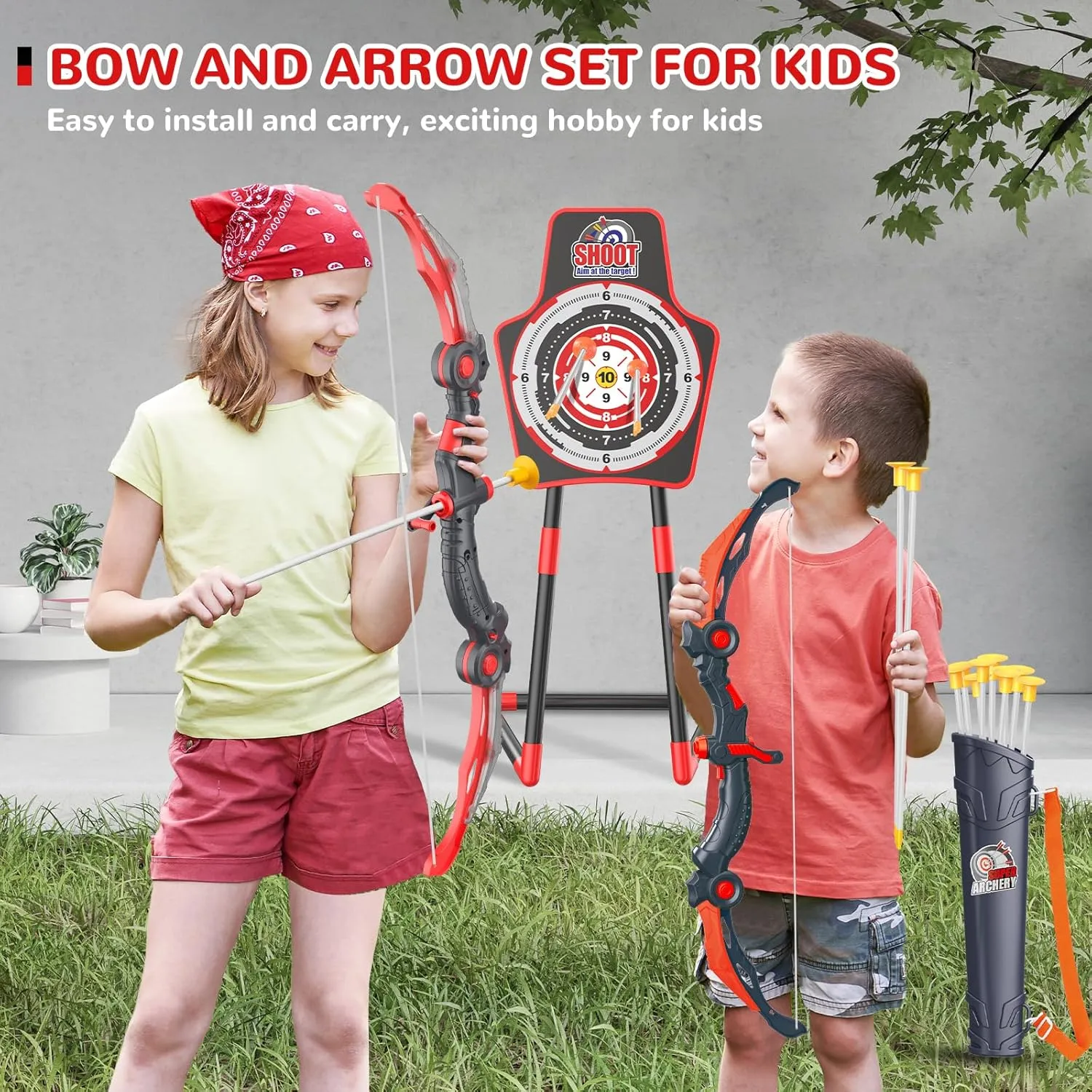 GMAOPHY Bow and Arrow for 5 6 7 8 9 10 11  Year Old Boys, Birthday Gift for Kids, Indoor Outdoor Activity Toys, 2 Pack LED Light Up Archery Toy with 20 Suction Cup Arrows, Standing Target, 2 Quiver